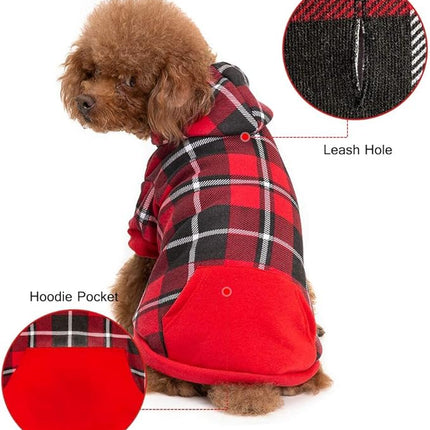BINGPET Dog Plaid Hoodie - Pocket Design - Dog Fleece Sweater with Hat Pet Winter Clothes Plaid Sweatershirts for Winter