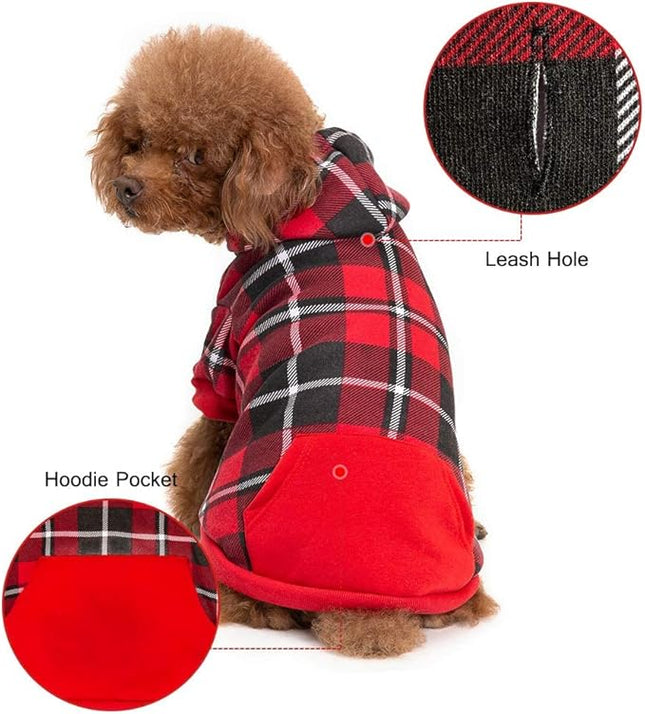 BINGPET Dog Plaid Hoodie - Pocket Design - Dog Fleece Sweater with Hat Pet Winter Clothes Plaid Sweatershirts for Winter