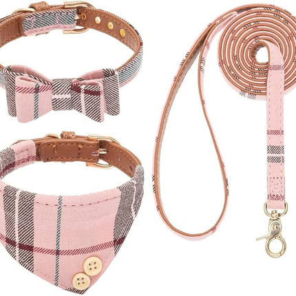 EXPAWLORER Dog Collar and Leash Set - Classic Plaid Dog Bow Tie and Dog Bandana Collar, Dog Leash Tangle Free, Adjustable Collars for Small Medium Large Dogs Cats, Holiday Ideal Gift