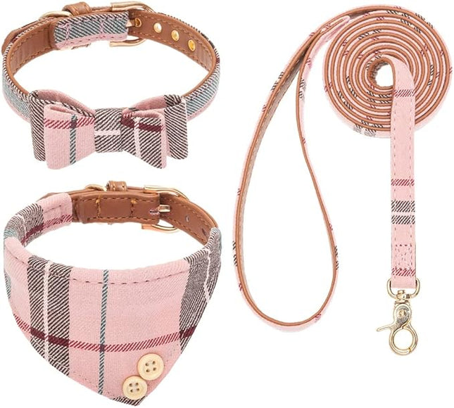 EXPAWLORER Dog Collar and Leash Set - Classic Plaid Dog Bow Tie and Dog Bandana Collar, Dog Leash Tangle Free, Adjustable Collars for Small Medium Large Dogs Cats, Holiday Ideal Gift