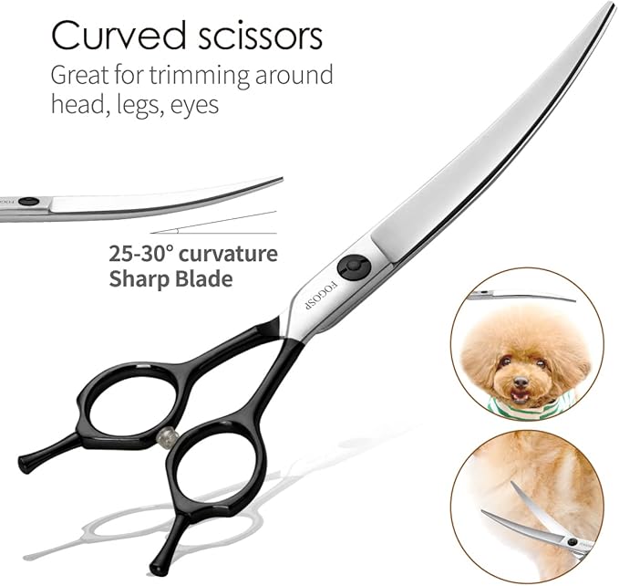 Professional 7.5" Dog Grooming Scissors Kit 4pcs, JP 440C Stainless Steel Curved Blender Straight Chunker Shears for Dog Cat and Pets (7.5 in Kit, Black)