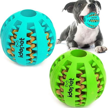 Idepet Dog Toy Ball, Nontoxic Bite Resistant Toy for Dogs & Cats, Dog Food Treat Feeder, Chew Tooth Cleaning Exercise Game & IQ Training Ball (2 Pack - Blue & Green, 1.95 inch)