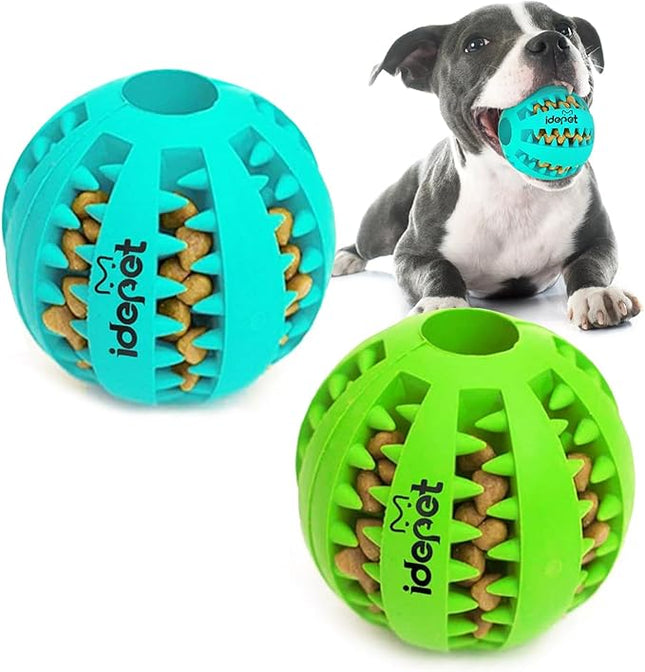 Idepet Dog Toy Ball, Nontoxic Bite Resistant Toy for Dogs & Cats, Dog Food Treat Feeder, Chew Tooth Cleaning Exercise Game & IQ Training Ball (2 Pack - Blue & Green, 1.95 inch)