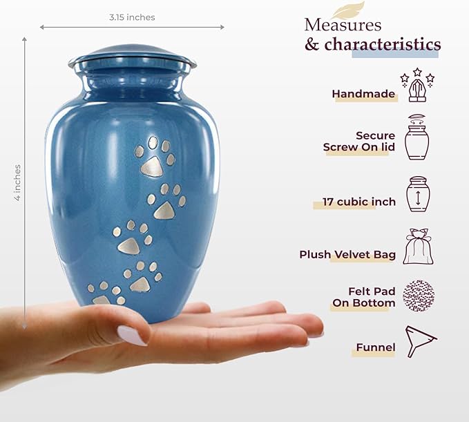 Trupoint Memorials Small Pet Urn for Dogs and Cats Ashes, Paws Print Blue Cremation Urns for Pets up to 17 lbs