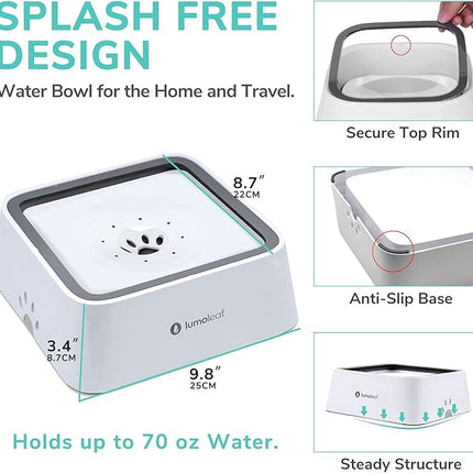 LumoLeaf No Spill Water Bowl for Dogs with Filter, 70oz/2L, Slow Feeder for Messy Drinkers, Drip-Free & Splash-Proof Design (White 70 fl oz)