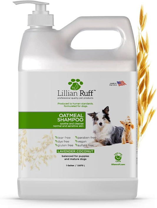 Lillian Ruff PRO Formula Deodorizing Oatmeal Dog Shampoo - Calms Itching & Allergies, Ultra-Nourishing Dry Skin Relief - Oatmeal, Aloe, Coconut Oil, Lavender & Provitamin B5 - Made in USA Gallon+Pump