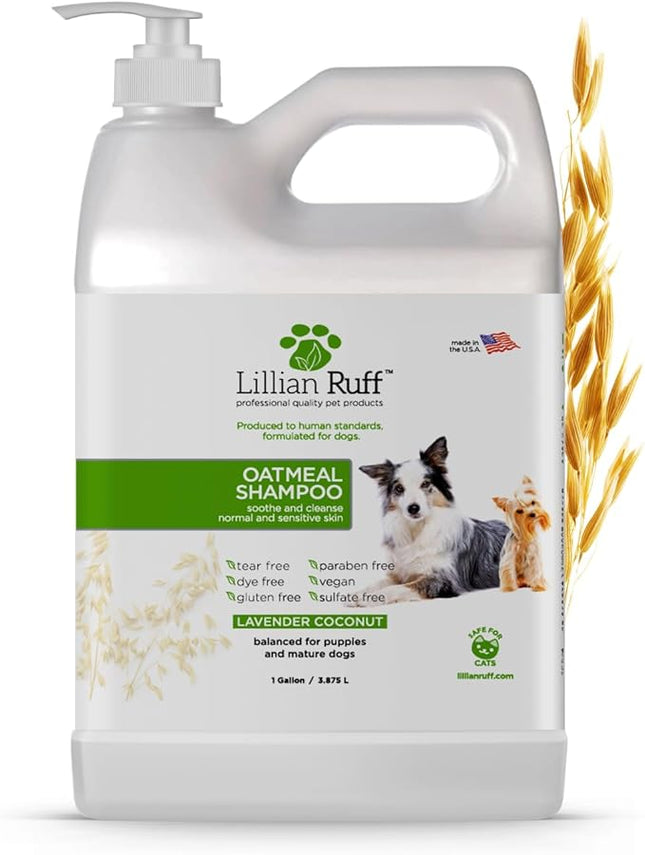 Lillian Ruff PRO Formula Deodorizing Oatmeal Dog Shampoo - Calms Itching & Allergies, Ultra-Nourishing Dry Skin Relief - Oatmeal, Aloe, Coconut Oil, Lavender & Provitamin B5 - Made in USA Gallon+Pump