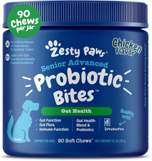 Zesty Paws Probiotics for Dogs - Digestive Enzymes for Gut Flora, Digestive Health, Diarrhea & Bowel Support - Clinically Studied DE111 - Dog Supplement Soft Chew for Pet Immune System - Adv, 90ct