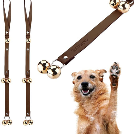 Leather Dog Doorbells for Door Knob/Potty Training/Go Outside, Length Adjustment Copper Dog Bell, Housetraining Hanging Bell, Dark Brown Leather Golden Bells - 2 Pack