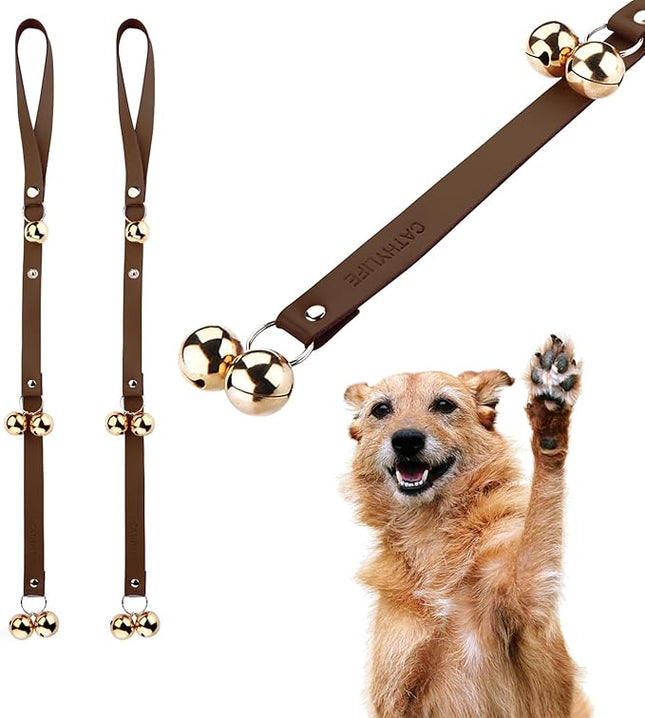 Leather Dog Doorbells for Door Knob/Potty Training/Go Outside, Length Adjustment Copper Dog Bell, Housetraining Hanging Bell, Dark Brown Leather Golden Bells - 2 Pack