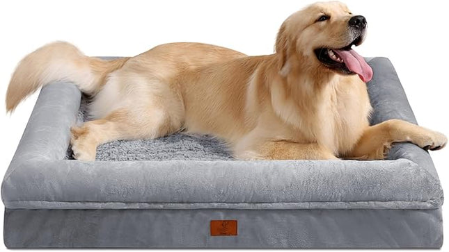 XL Dog Bed for Large Dogs, Orthopedic Dog Bed Egg Crate Foam with Removable Washable Cover, Waterproof Non-Slip Big Pet Sofa with 4-Sides Removable Bolster, Grey