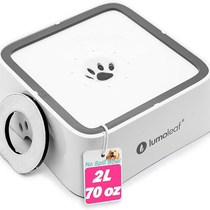 LumoLeaf No Spill Water Bowl for Dogs with Filter, 70oz/2L, Slow Feeder for Messy Drinkers, Drip-Free & Splash-Proof Design (White 70 fl oz)