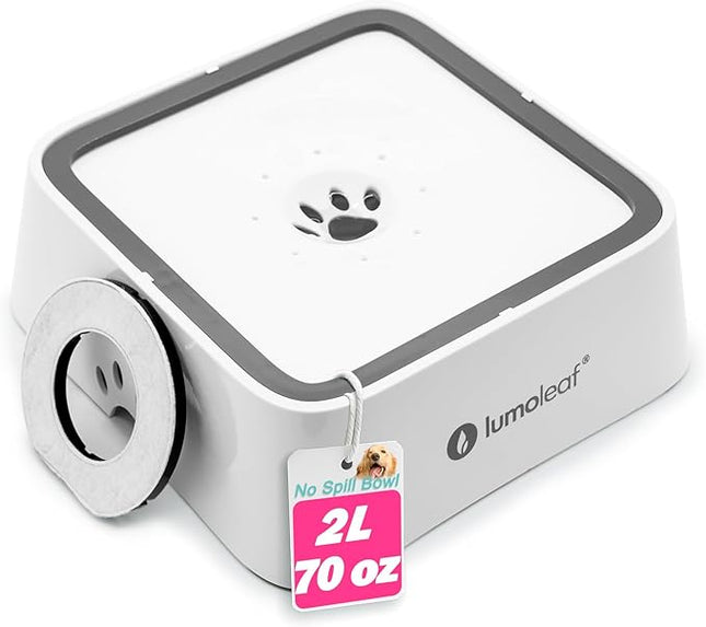 LumoLeaf No Spill Water Bowl for Dogs with Filter, 70oz/2L, Slow Feeder for Messy Drinkers, Drip-Free & Splash-Proof Design (White 70 fl oz)