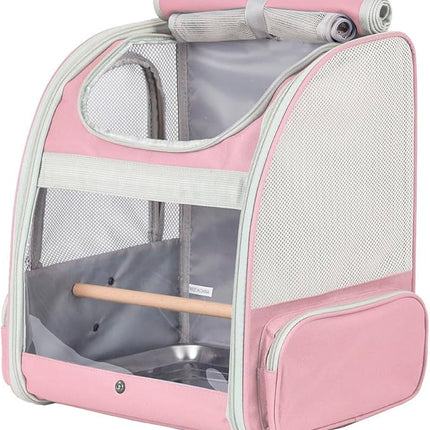 Bird Carrier Backpack with Wooden Stand Perch, Vented and Breathable Bag to Carry Parakeet Cockatiel Conure Parrot (Pink, Bird Backpack)