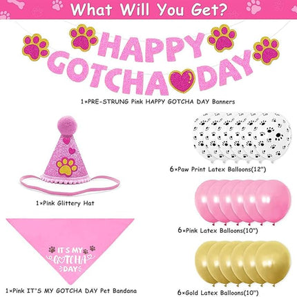 Happy Gotcha Day Dog Bandana- Dog Birthday Party Supplies Boy Girl Gotcha Day Triangle Scarf with Hat Banners Balloons It’s My Gotcha Day Bibs Adoption Party Decor for Small Large Dogs-Pink