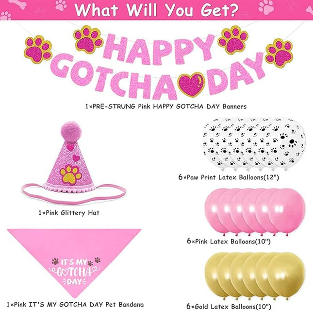 Happy Gotcha Day Dog Bandana- Dog Birthday Party Supplies Boy Girl Gotcha Day Triangle Scarf with Hat Banners Balloons It’s My Gotcha Day Bibs Adoption Party Decor for Small Large Dogs-Pink