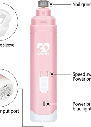 Casfuy Dog Nail Grinder Upgraded - Professional 2-Speed Electric Rechargeable Pet Nail Trimmer Painless Paws Grooming & Smoothing for Small Medium Large Dogs & Cats