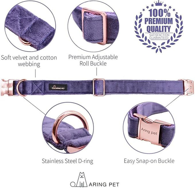 ARING PET Velvet Dog Collar and Leash Set, Soft Purple Dog Collar and Leash, Adjustable Collars for Dogs