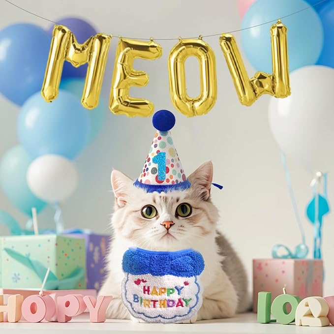 Cat Birthday Hat Decoration & Outfit Set - Adjustable Party Hat with Numbers, Bandana Bow Tie & Balloon Supplies for Cat Costume Photo Shoots(Blue/Pink) (Blue)