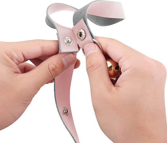 Leather Dog Doorbells for Door Knob/Potty Training/Go Outside, Length Adjustment Copper Dog Bell, Housetraining Hanging Bell, Pink Leather Silver Bells - 2 Pack