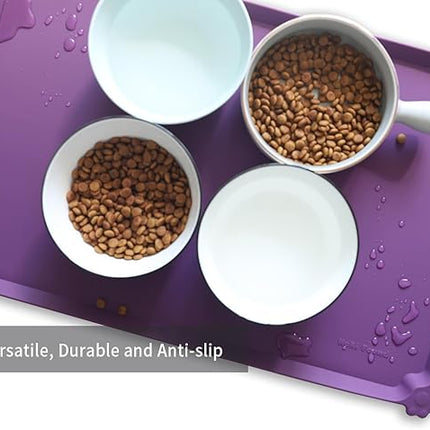 Hoki Found Silicone Pet Food Mats - Non Slip Dog Cat Bowl Placemats - Waterproof Dog Cat Food Mats for Carpet - Eggplant