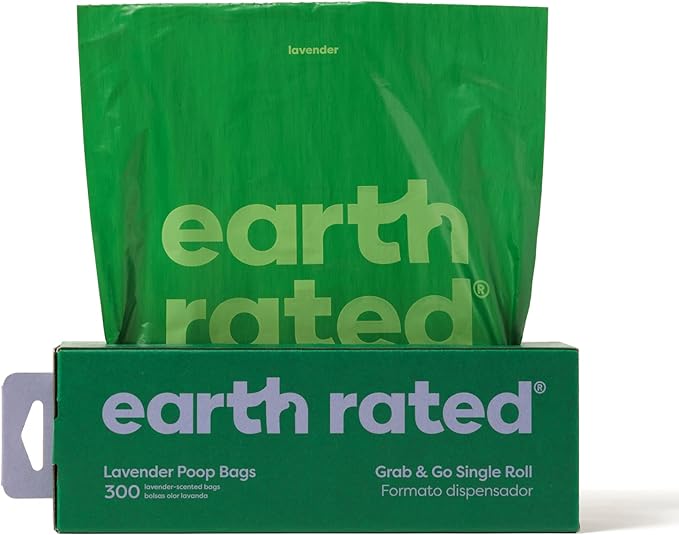 Earth Rated Dog Poop Bags, Thick Grab and Go Single Roll, Ideal for Backyard Pickups, Lavender Scented, 300 Count