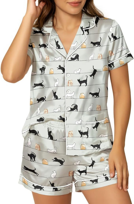 Women’s Silk Satin Pajama Set, Short Sleeve Button Down 2 Piece PJs with Shorts, Cozy Loungewear & Matching Holiday Pajamas