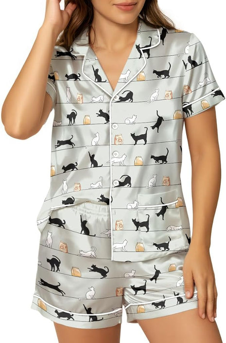 Women’s Silk Satin Pajama Set, Short Sleeve Button Down 2 Piece PJs with Shorts, Cozy Loungewear & Matching Holiday Pajamas