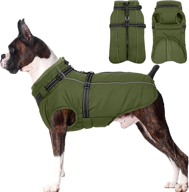 Lelepet Dog Coat for Large Dogs Waterproof Dog Jacket with Harness Built in Reflective Fleece Jacket with Zip Warm Winter Coats for Dogs Thermal Pet Snowsuit for Outdoor, Border Collie, Army Green, XL