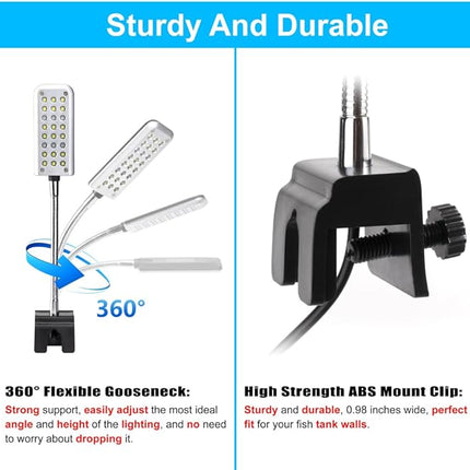 Aquarium Light Small LED Clip Light for Fish Tank 1.5W with Timer&Dimmer, 1 Yr Warranty