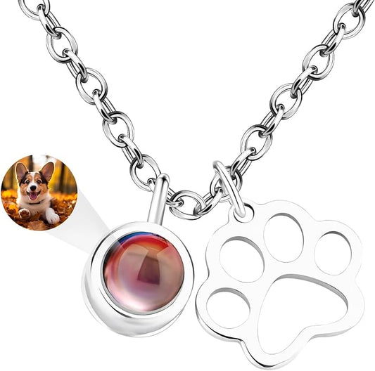 Personalized Picture Necklace with picture inside Custom Projection Necklace Cat/Dog Paw Print Pet Memorial Necklaces for Pet Lovers, Photo Gifts for Anniversary Dog Lovers