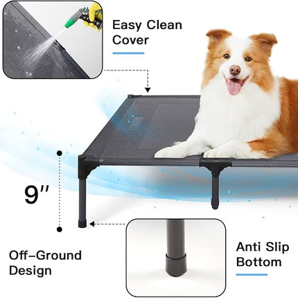Suddus Elevated Dog Bed for Large Dogs 140lb, Breathable Cooling Raised Dog Cot with Dual Support Bars & Metal Frame, No-Slip Feet, Waterproof Pet Bed for Indoor/Outdoor, X-Large, 48 * 36 * 9in, Grey