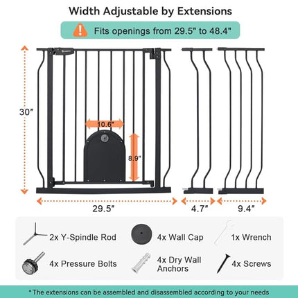 COMOMY 29.5-48.4" Baby Gate with Adjustable Cat Door,Extra Wide Metal Cat Gate for Stairs Doorways, Auto Close Dog Gate with Pet Door for House, Pressure Mounted Easy Walk Through (30" Tall, Black)