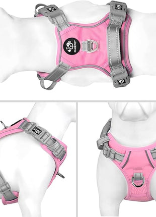 PHOEPET No Pull Dog Harness, Unique Colors Reflective Adjustable Dog Vest, with Soft Training Handle Metal Clips for Small Medium Large Dogs (Baby Pink Base & Grey Straps,XL)