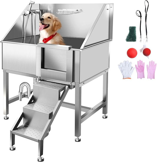 38" Professional Stainless Steel Dog Grooming Tub W/Soap Box, Faucet,Rich Accessory, Bathtub for Multiple Pets, Washing Sink for Home,R-Door