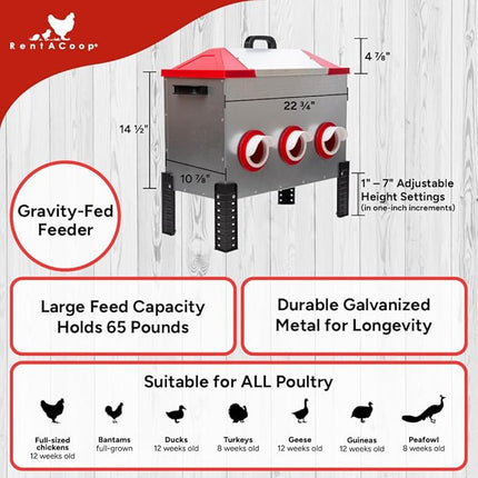 RentACoop Flock Feeder 65 lb - Large Capacity, Weatherproof Metal 6-Port Feeder for Adult Chickens, Turkeys, Ducks, and More