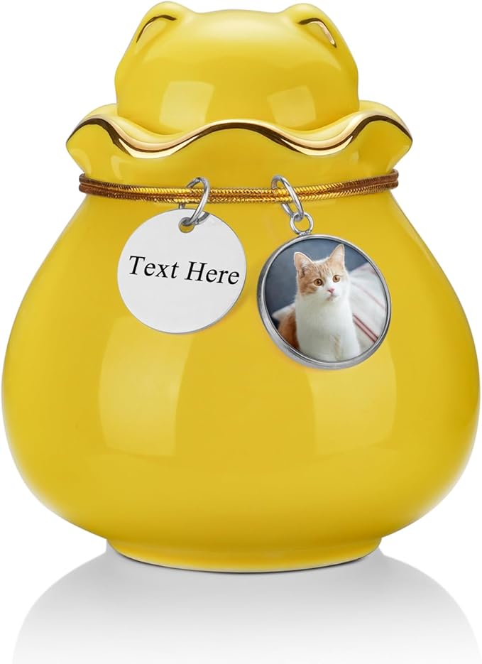 SOITIS Engraving Customized Pet Memorial Urn for Cat or Dog Ashes - 3.54"x3.15" Elegant Ceramic Keepsake Holder with Cat-Shaped Lid & Gold Trim, Small Yellow Urn for Pet Ashes