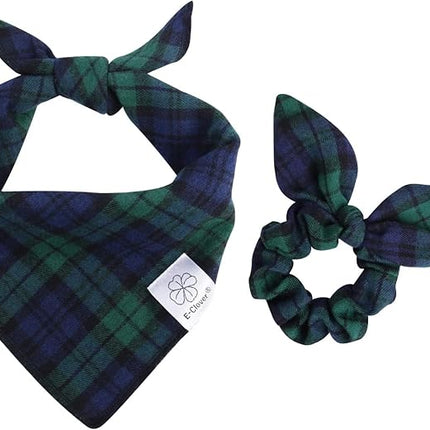 E-Clover Christmas Dog Bandanas Boy & Matching Scrunchie Set Plaid Dog Scarf Kerchief for Medium Large Dog Pet Bandana Owner Gifts Blue Green Fall