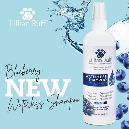 Lillian Ruff Waterless No-Rinse Dog Dry Shampoo Spray with Hydrating Essential Oils - pH-Balanced Dry Shampoo for Dogs - Clean, Condition, Detangle & Deodorize Dry, Sensitive Skin (Blueberry)