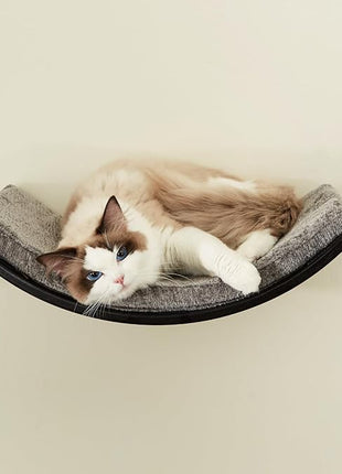 Cat Shelf with Comfortable Cushion - Curved Modern Cat Bed (Large Size) - Lotus Leaf Design Cats Wall Perch - Wall Mounted Cats Furniture for Sleeping, Playing, Climbing, and Lounging, Walnut
