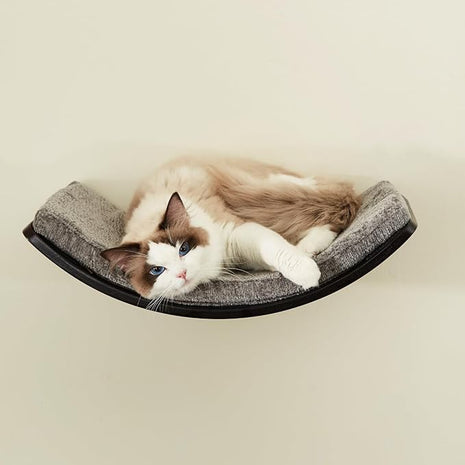 Cat Shelf with Comfortable Cushion - Curved Modern Cat Bed (Large Size) - Lotus Leaf Design Cats Wall Perch - Wall Mounted Cats Furniture for Sleeping, Playing, Climbing, and Lounging, Walnut