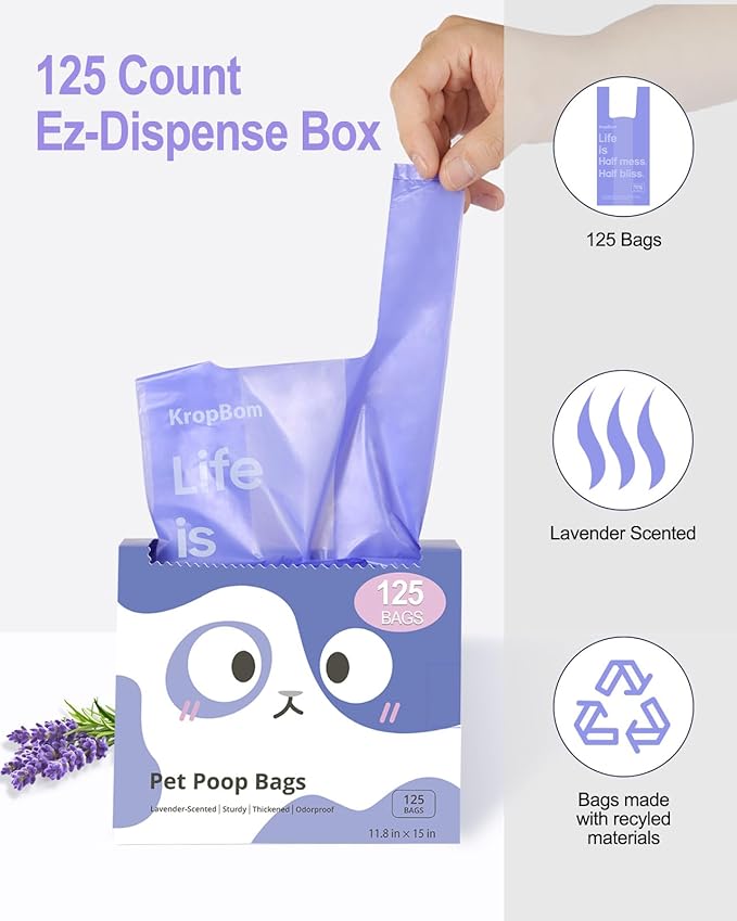 125 Count Cat Litter Bags Lavender Scented with Handles, Disposable Litter Bags for Pet Poop, Extra-Thick Kitty Waste Bags Easy Tie Leak-Proof Strengthen