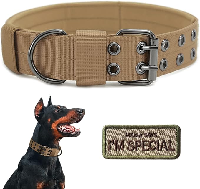 Tactical Dog Collar Military Adjustable Dog Collars Soft Nylon Training Collar with Patch Heavy Duty Metal Buckle Collars for Medium Large Dogs (Brown, XL)