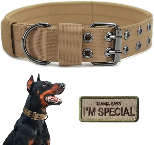 Tactical Dog Collar Military Adjustable Dog Collars Soft Nylon Training Collar with Patch Heavy Duty Metal Buckle Collars for Medium Large Dogs (Brown, M)