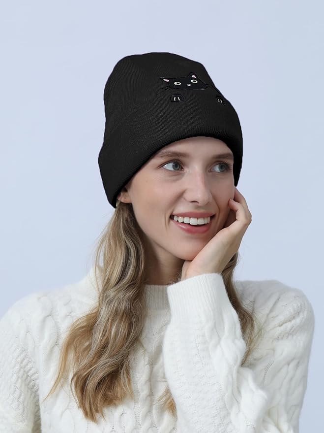 Women’s Cat Beanie Cute Cat Lover Gifts Animal Knitted Hats Christmas Stocking Stuffers for Women Girls