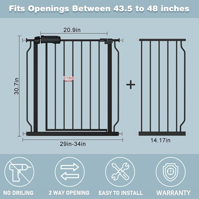 Walk Through Black Baby Gate 43.5-48 Inch Wide, Pressure Mounted Safety With Door No Drill, Tension Metal for Dog Cat and Toddler