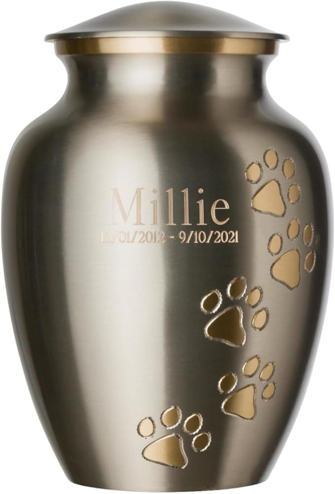 Ottillie Paws Elite Series Personalized Pet Urn for Dogs and Cats - Pet Memorial Urns with Custom Engraving (Pewter, Vertical, Brass, Large)