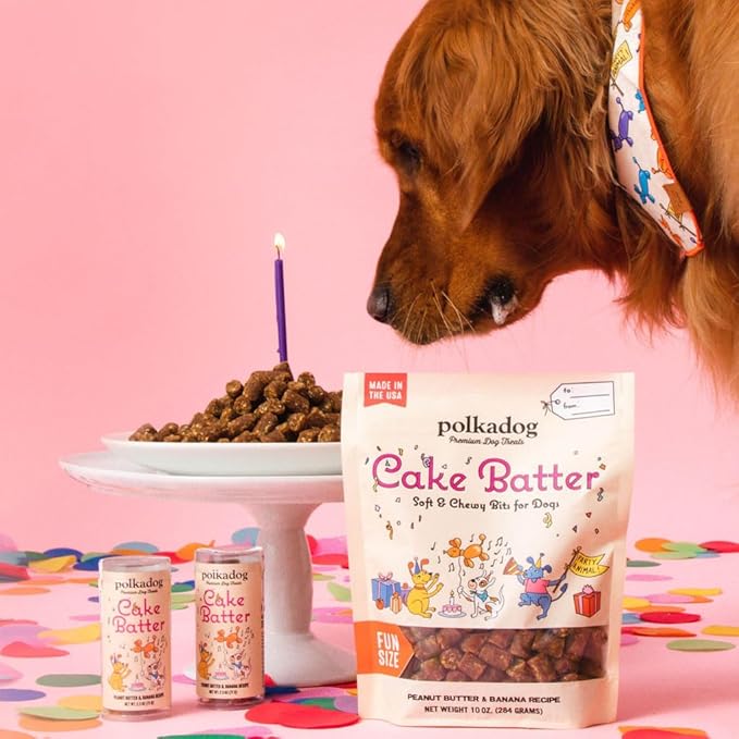 Polkadog Cake Batter Dog Treats – Soft & Chewy Premium Birthday Treats with Peanut Butter & Banana – Healthy, Limited Ingredient, Training Size for All Dog Breeds & Ages – Natural, Made in USA – 10 oz