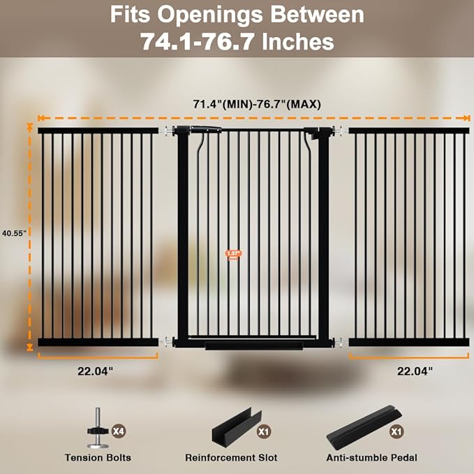 40.55" Walk Through Extra Tall Wide Baby Gates, 74.1"-76.7" Black Pressure Mounted Dog Gates