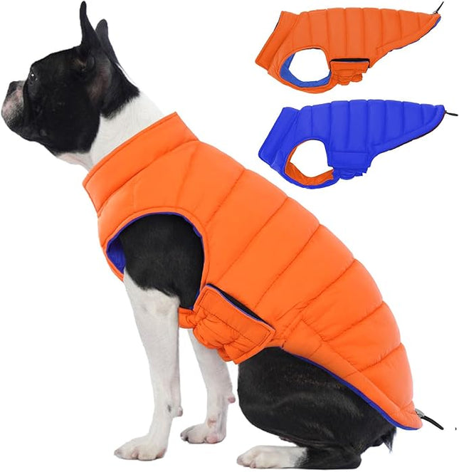 Lelepet Reversible Dog Coat Waterproof Dog Jacket Windproof Puffer Vest for Winter Warm Lightweight Coats for Small Dogs Adjustbale Hook & Loop Pet Apparel with Leash Hole, Pug, Orange, M